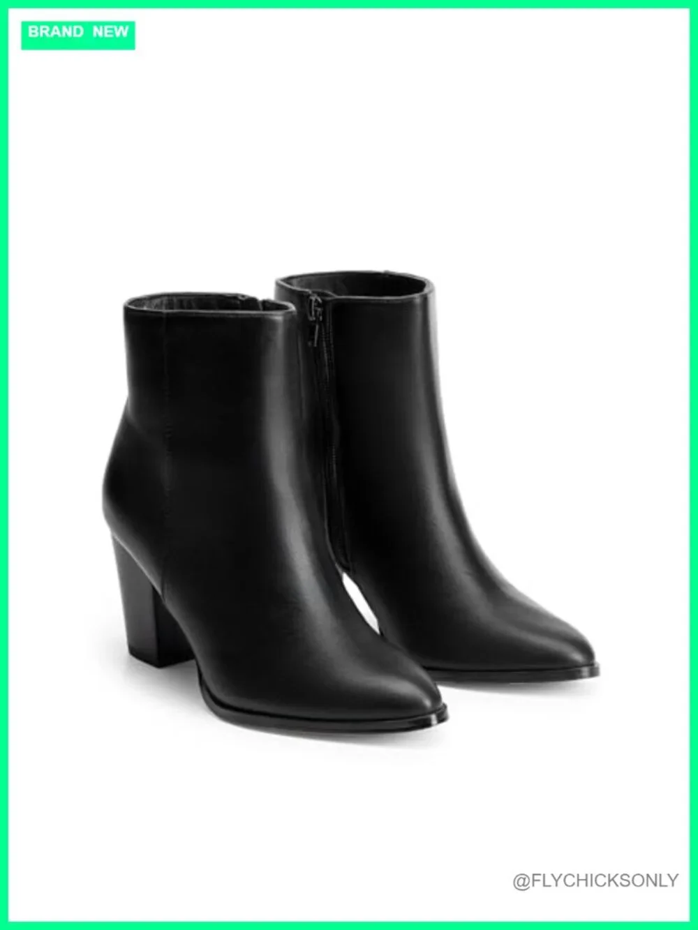 Faux Leather Ankle Boots Chunky Block Heel Pointed Toe Booties Side Zipper